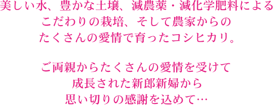 美しい水、豊かな土壌、減農薬・減化学肥料による こだわりの栽培、そして農家からのたくさんの愛情で育ったコシヒカリ。ご両親からたくだんの愛情うぃ受けて成長された新郎新婦から、思い切りの感謝を込めて・・・